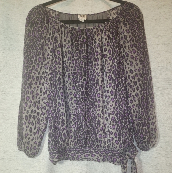 Anne Klein Large Purple Leopard Print Top 3/4 Sleeves Tie Waist - Picture 7 of 8